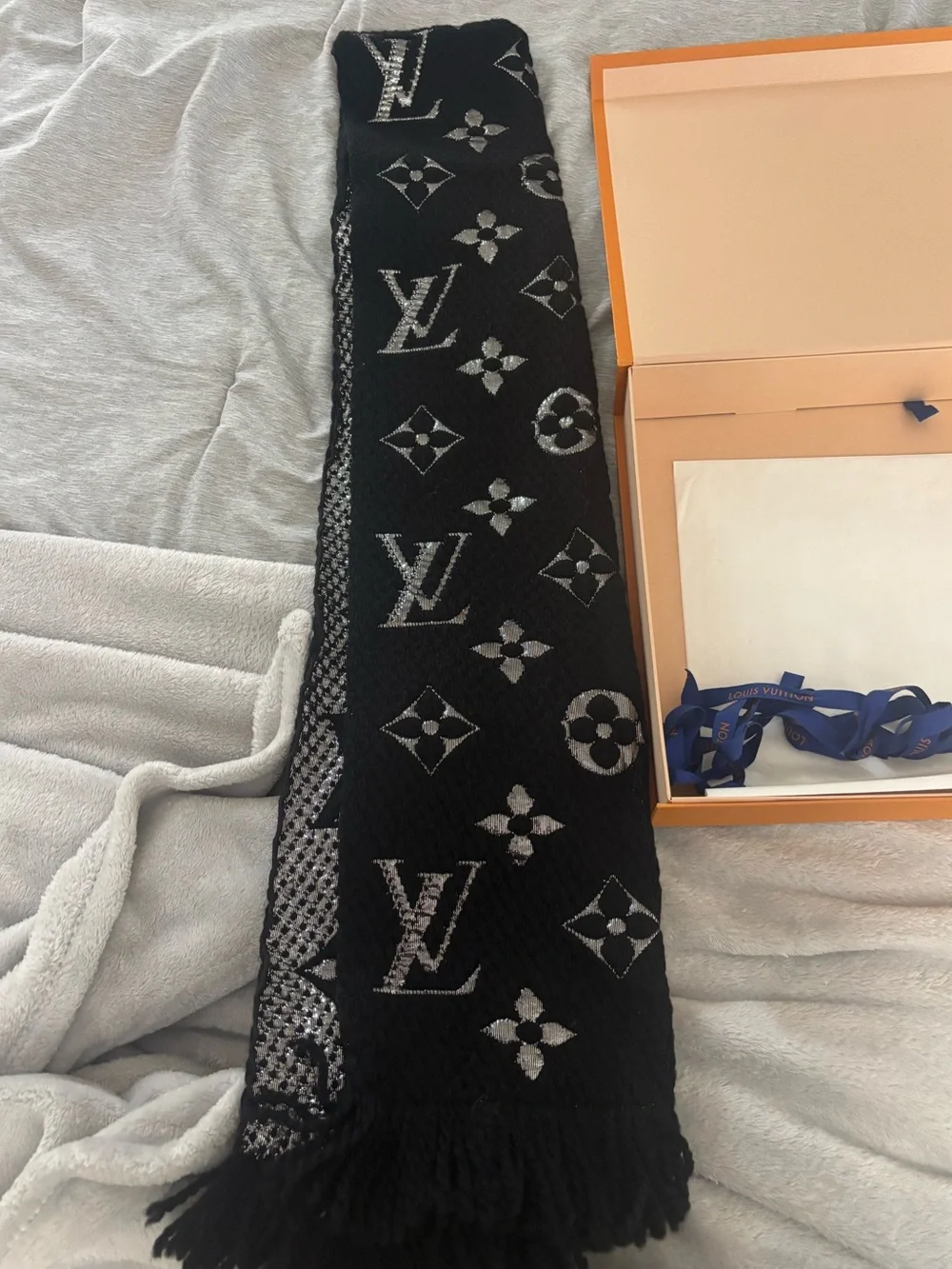 Authentic Louis Vuitton Logomania Black & Silver Scarf + Box